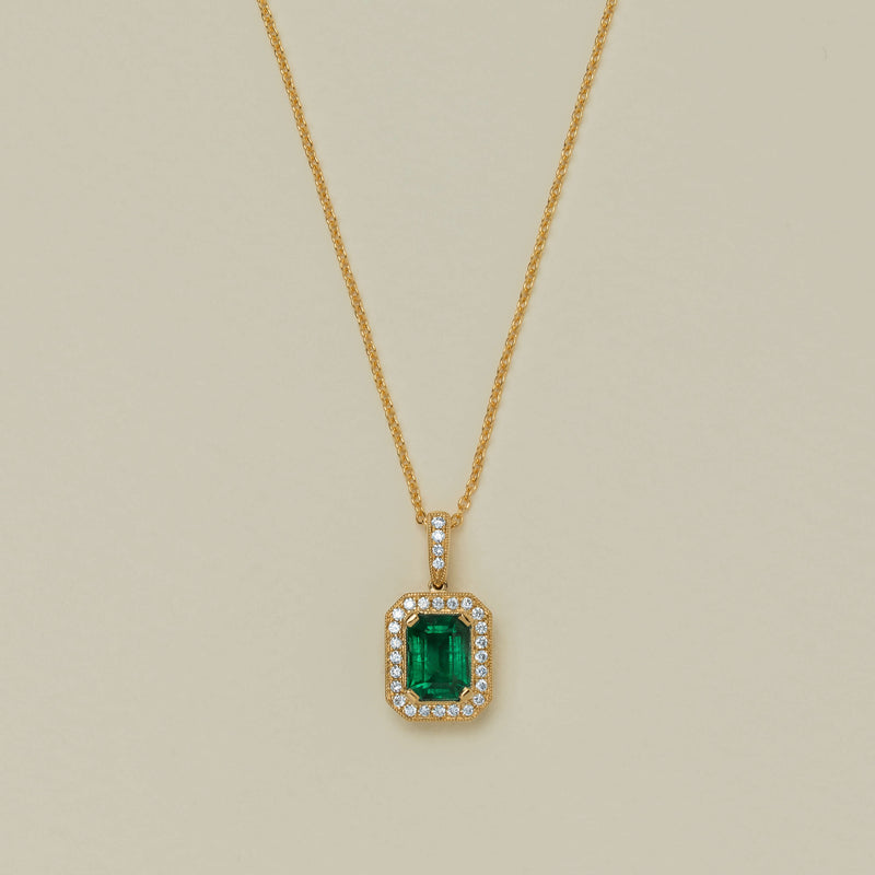 18ct Yellow Gold 1.64ct Emerald & Diamond Empire Pendant - Necklace - Walker & Hall