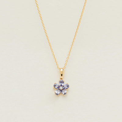 18ct Yellow Gold Tanzanite Forget-Me-Not Flower Pendant - Necklace - Walker & Hall