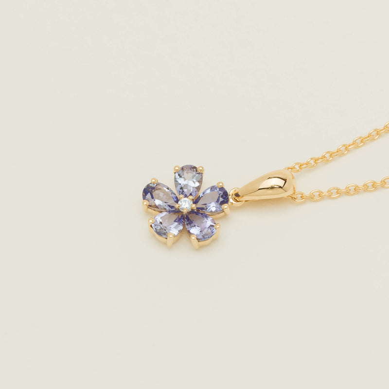 18ct Yellow Gold Tanzanite Forget-Me-Not Flower Pendant - Necklace - Walker & Hall