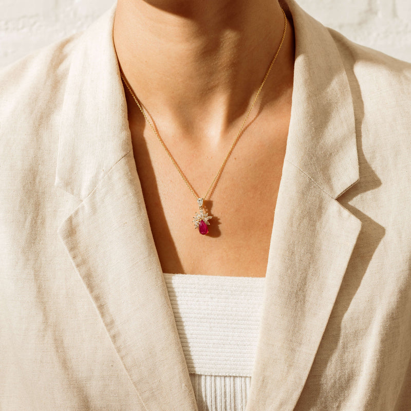 Deja Vu 18ct Yellow Gold Ruby & Diamond Cluster Pendant - Necklace - Walker & Hall