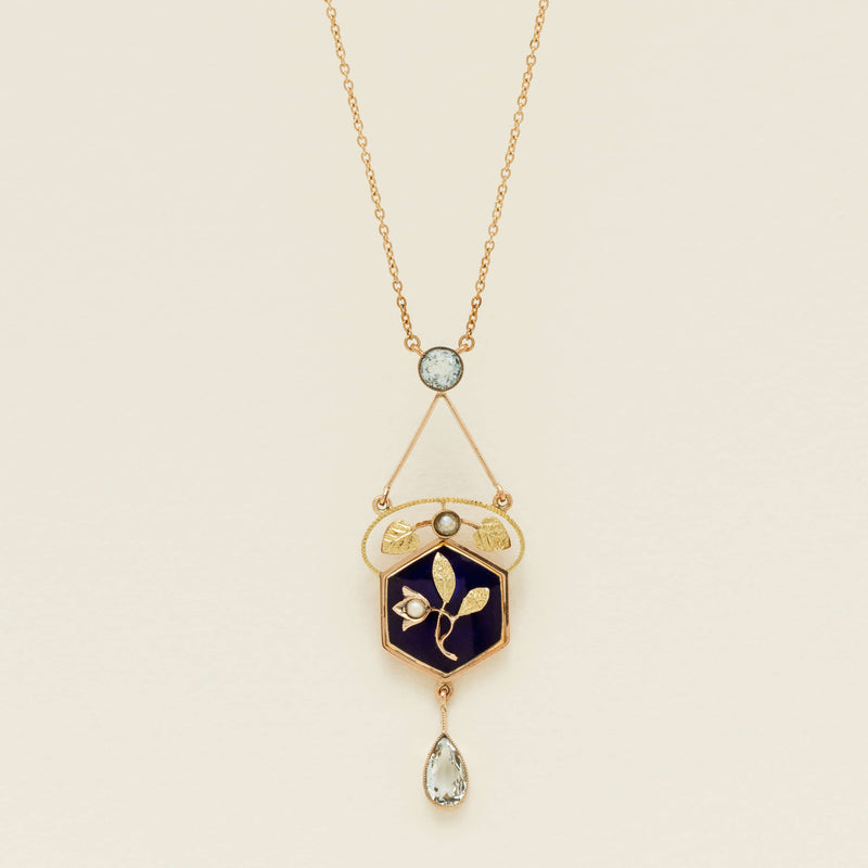 Vintage 15ct Gold Aquamarine, Seed Pearl & Enamel Pendant