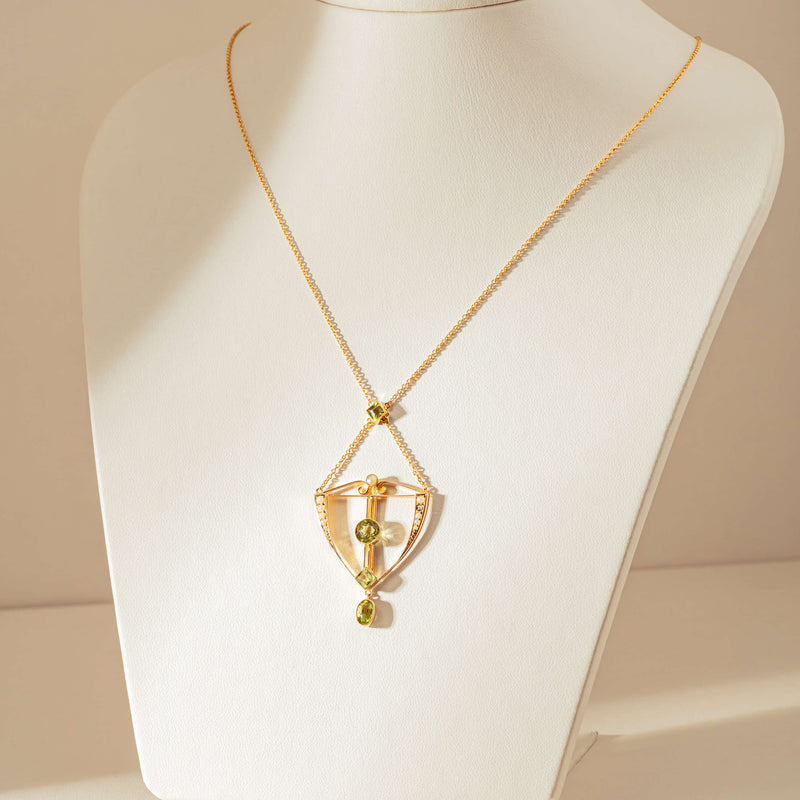 Vintage 9ct Rose Gold Peridot & Pearl Lavalier Pendant - Necklace - Walker & Hall