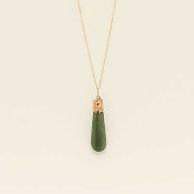Vintage 9ct Rose Gold Greenstone Floral Drop Pendant - Necklace - Walker & Hall