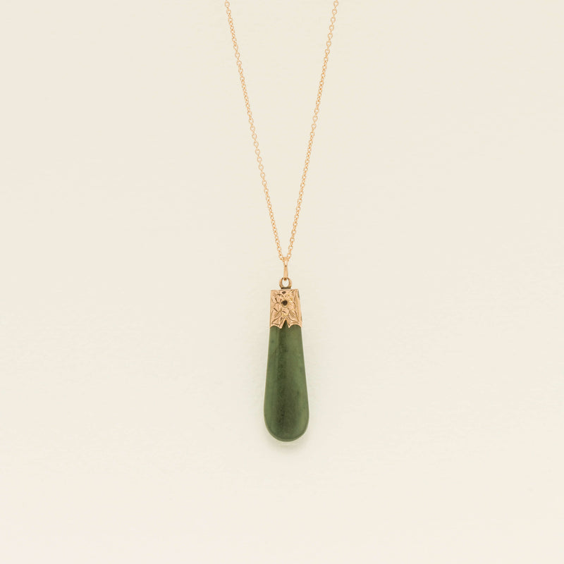 Vintage 9ct Rose Gold Greenstone Floral Drop Pendant - Necklace - Walker & Hall