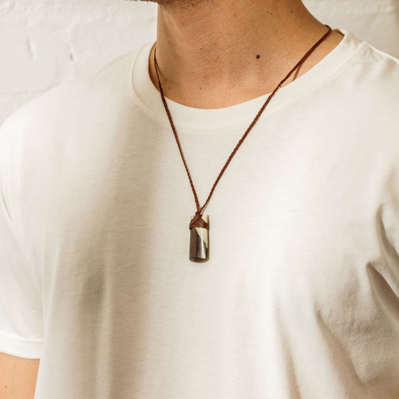 NZ Greenstone 39.2mm Toki Pendant on Brown Cord - Necklace - Walker & Hall