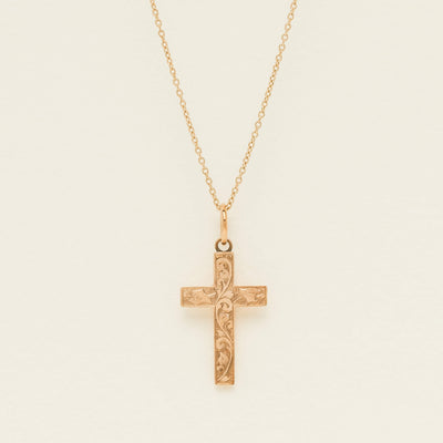 Vintage 9ct Rose Gold Hollow Engraved Cross Pendant - Necklace - Walker & Hall