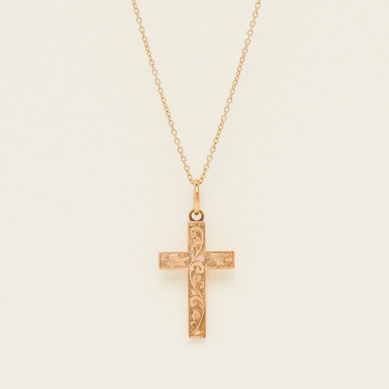 Vintage 9ct Rose Gold Hollow Engraved Cross Pendant - Necklace - Walker & Hall