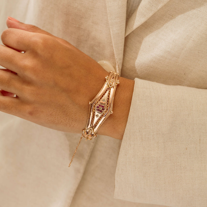 Vintage 9ct Rose Gold Hollow Ruby and Diamond Bangle - Bracelet - Walker & Hall