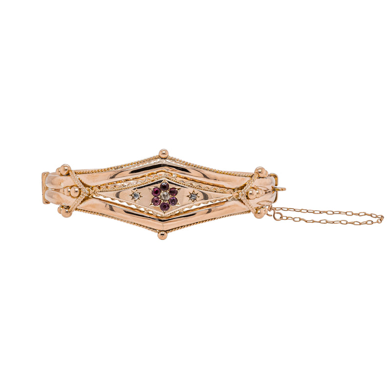 Vintage 9ct Rose Gold Hollow Ruby and Diamond Bangle - Bracelet - Walker & Hall