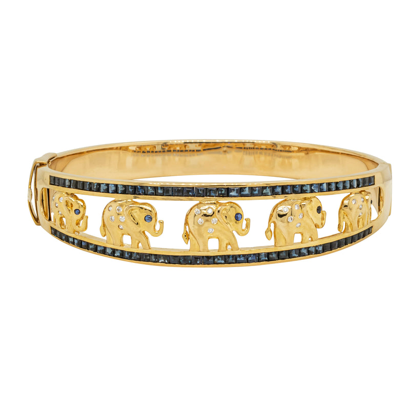 Deja Vu 18ct Yellow Gold Sapphire & Diamond Elephant Bangle - Bracelet - Walker & Hall