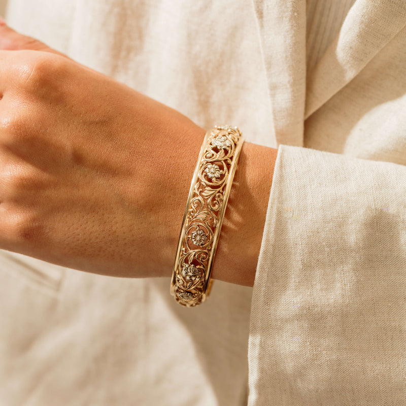 Deja Vu 9ct Bi-Tone Gold Openwork Bangle - 64mm - Bracelet - Walker & Hall