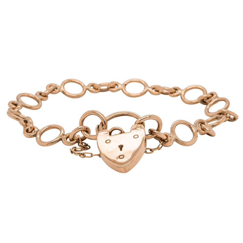 Deja Vu 9ct Rose Gold Round Link Bracelet With Flat Heart Padlock - Bracelet - Walker & Hall
