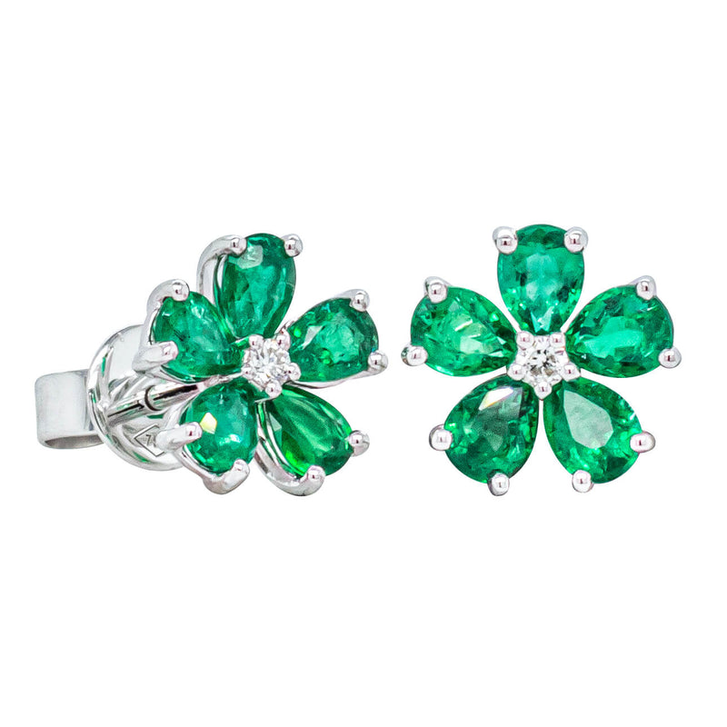 18ct White Gold 1.52ct Emerald & Diamond Flower Earrings-Earrings-Walker & Hall