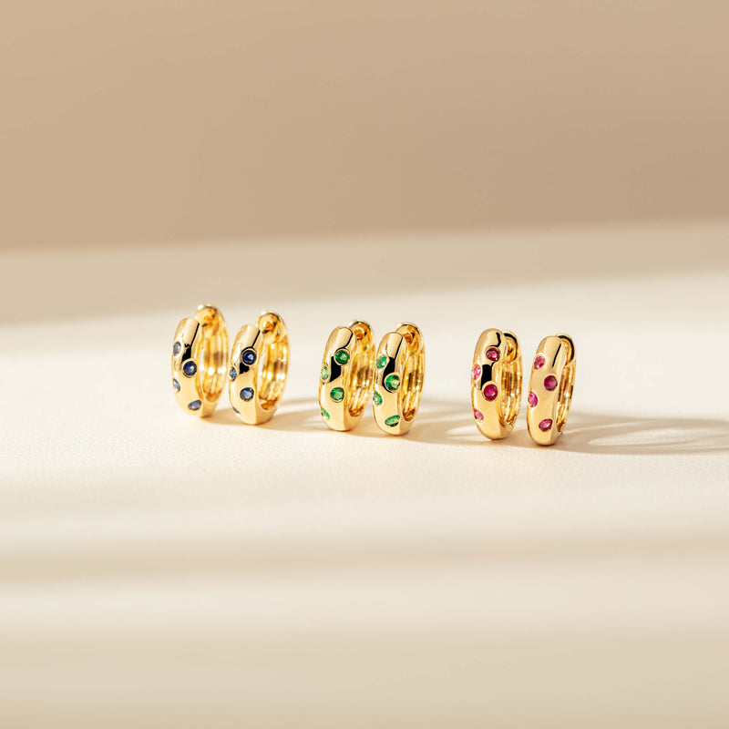 18ct Yellow Gold Emerald Lucky Huggie Earrings-Earrings-Walker & Hall