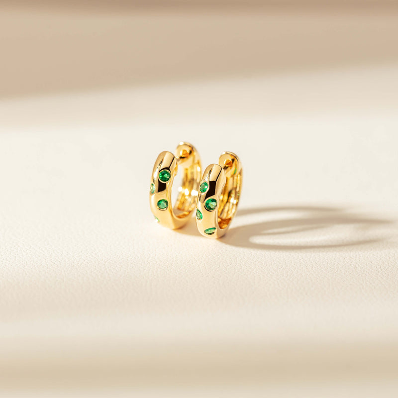 18ct Yellow Gold Emerald Lucky Huggie Earrings-Earrings-Walker & Hall
