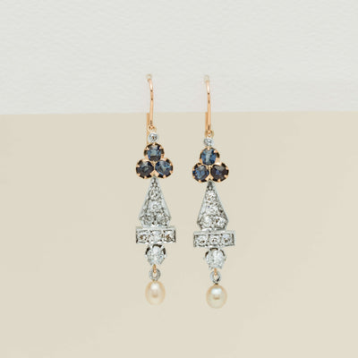 Vintage 14ct / Silver Sapphire & Diamond Drop Earrings