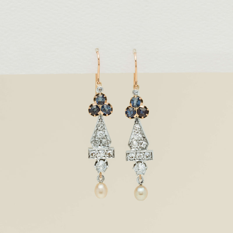 Vintage 14ct / Silver Sapphire & Diamond Drop Earrings