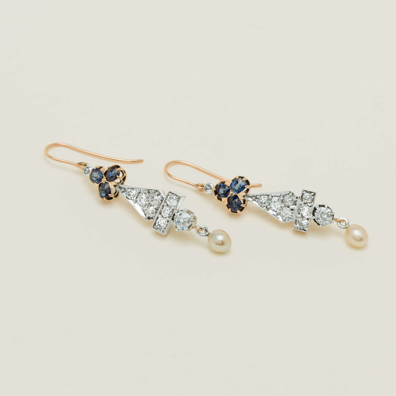 Vintage 14ct / Silver Sapphire & Diamond Drop Earrings