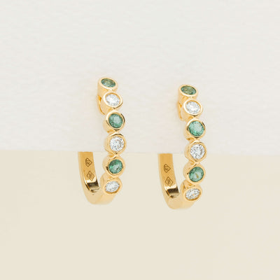 18ct Yellow Gold Emerald & Diamond Rubover Hoop Earrings
