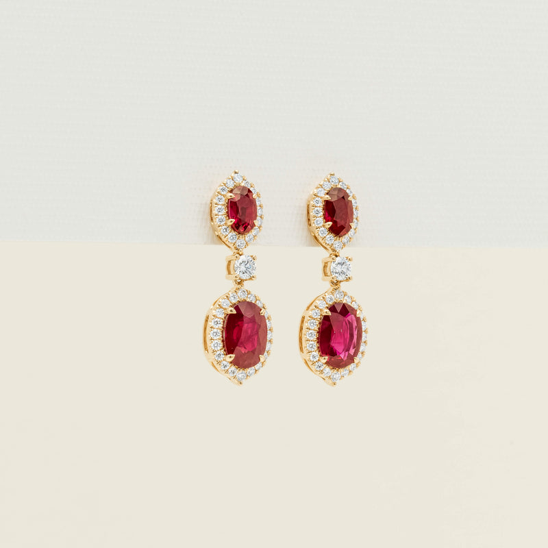 18ct Yellow Gold 4.04ct Ruby & Diamond Drop Earrings - Earrings - Walker & Hall
