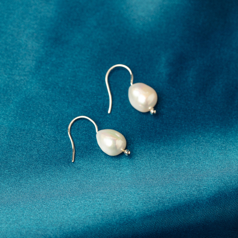 9ct White Gold Baroque Freshwater Pearl Drop Earrings-Earrings-Walker & Hall