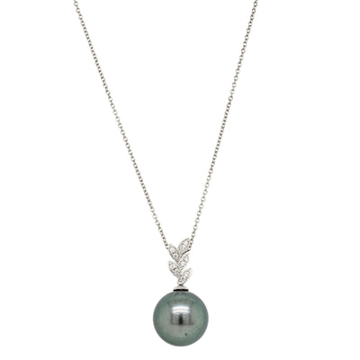 18ct White Gold 13.6mm Black Pearl & Diamond Pendant-Necklace-Walker & Hall
