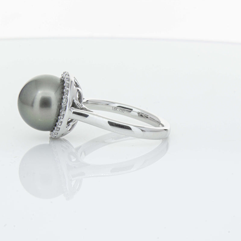 18ct White Gold Tahitian Black Pearl & Diamond Callisto Ring-Ring-Walker & Hall