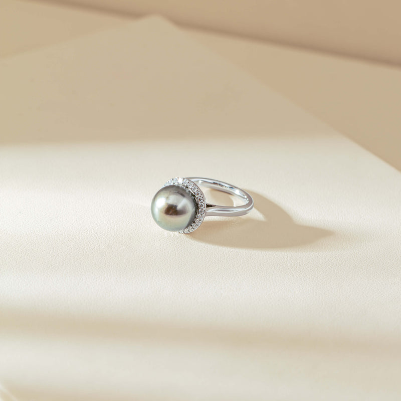 18ct White Gold Tahitian Black Pearl & Diamond Callisto Ring-Ring-Walker & Hall