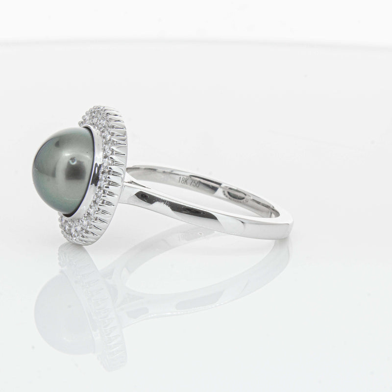 18ct White Gold 9.1mm Tahitian Black Pearl & Diamond Daisy Ring-Ring-Walker & Hall
