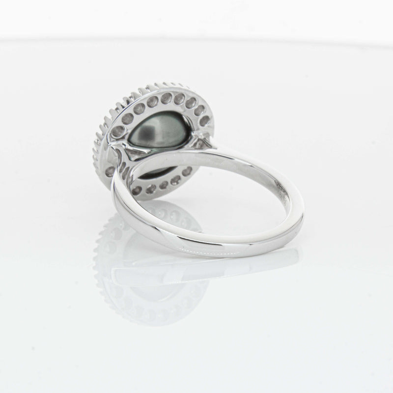 18ct White Gold 9.1mm Tahitian Black Pearl & Diamond Daisy Ring-Ring-Walker & Hall