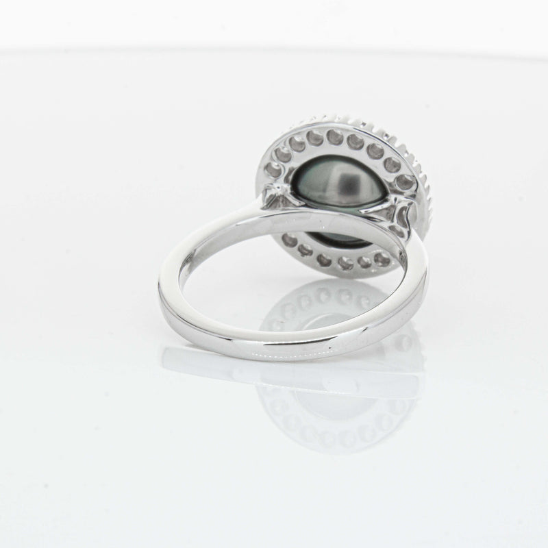 18ct White Gold 9.1mm Tahitian Black Pearl & Diamond Daisy Ring-Ring-Walker & Hall