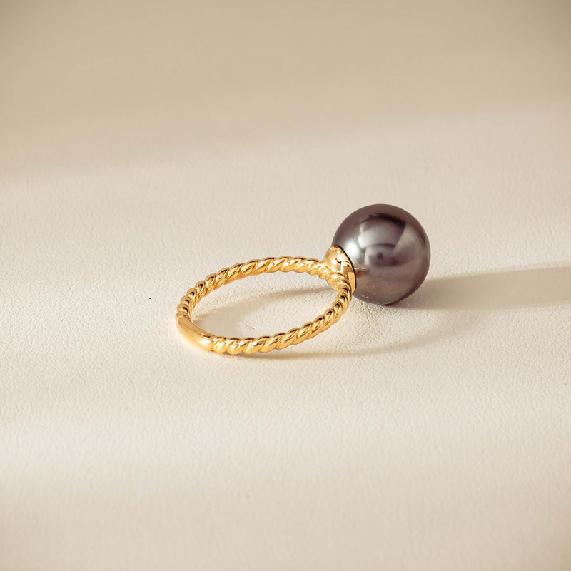 18ct Yellow Gold 12mm Black Pearl Twine Ring - Ring - Walker & Hall