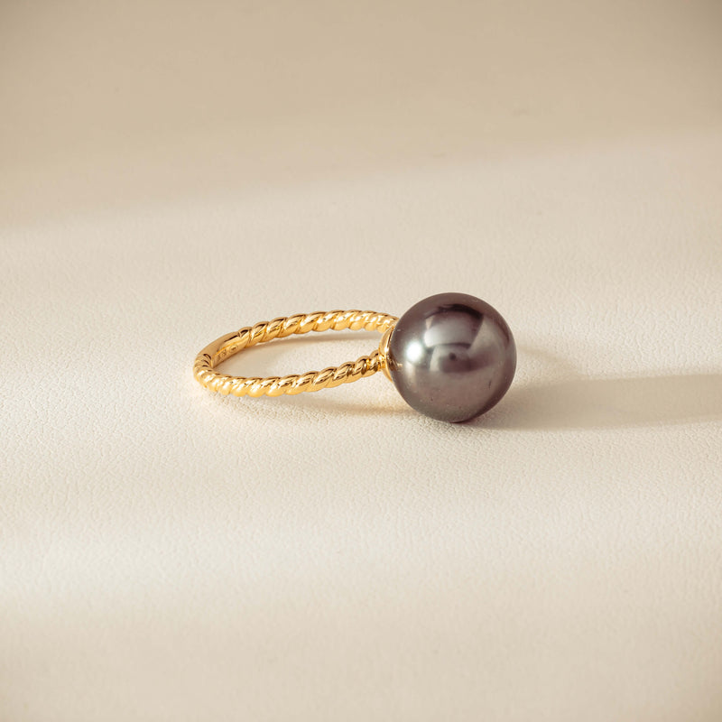 18ct Yellow Gold 12mm Black Pearl Twine Ring - Ring - Walker & Hall