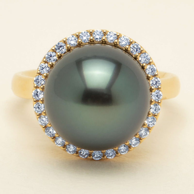18ct Yellow Gold 12.8mm Tahitian Pearl Diamond Callisto Ring - Ring - Walker & Hall