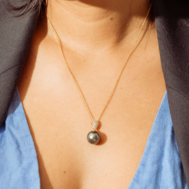 18ct Yellow Gold 12.7mm Tahitian Pearl & Diamond Aegean Pendant - Necklace - Walker & Hall