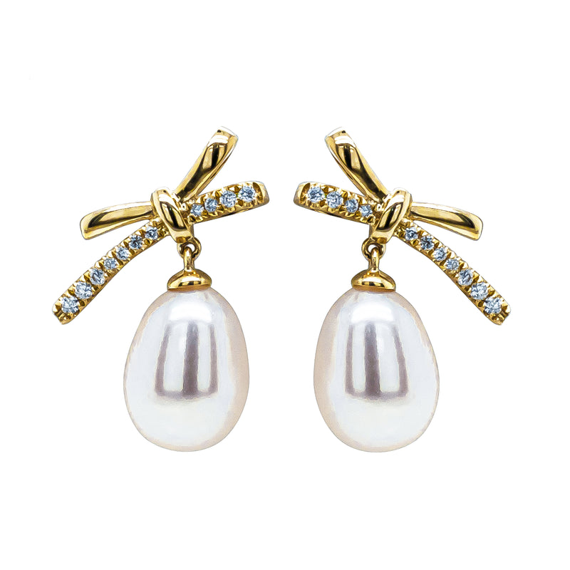 9ct Yellow Gold Freshwater Pearl Diamond Bow Earrings - Earrings - Walker & Hall