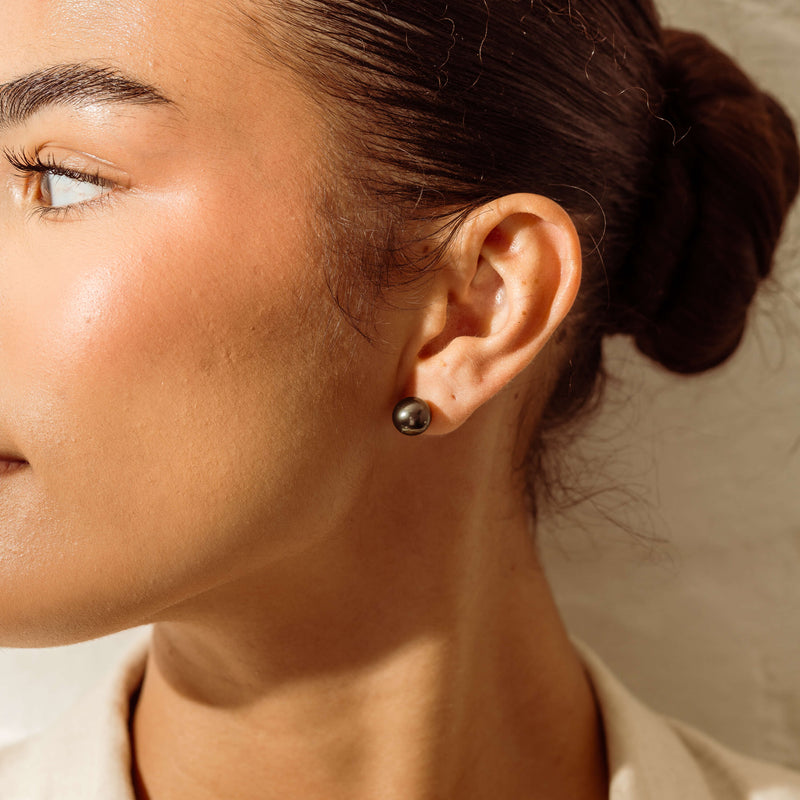 9ct Yellow Gold 9-9.5mm Tahitian Black Pearl Stud Earrings - Earrings - Walker & Hall