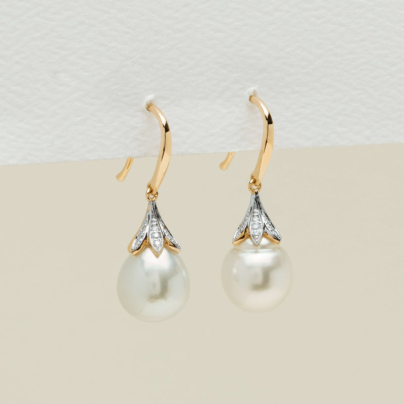 18ct Yellow Gold South Sea Pearl Diamond Drop Earrings - Earrings - Walker & Hall