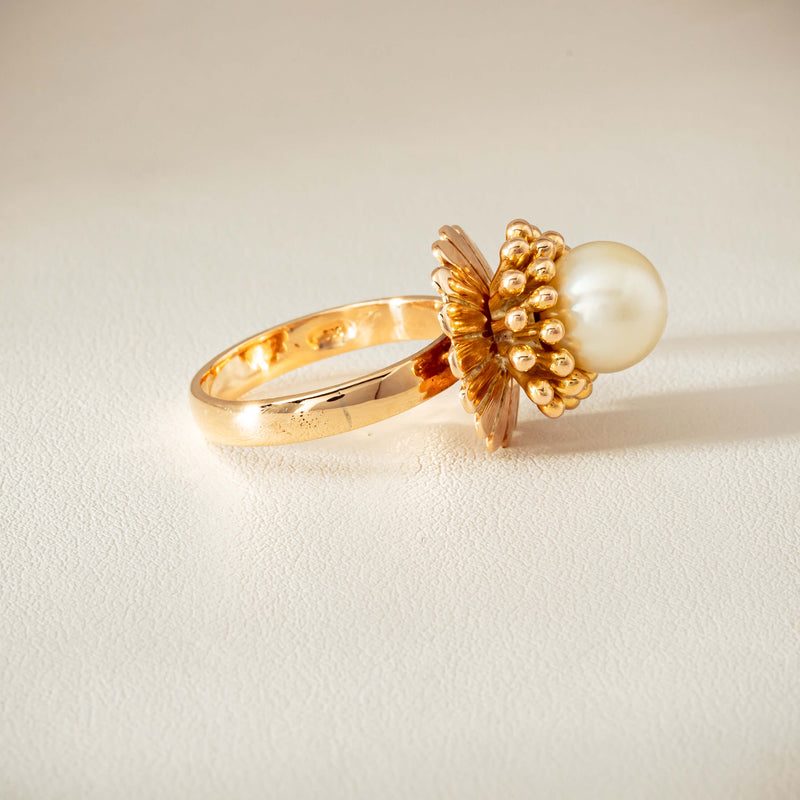 Vintage 14ct Yellow Gold 9mm Akoya Pearl Flower Ring