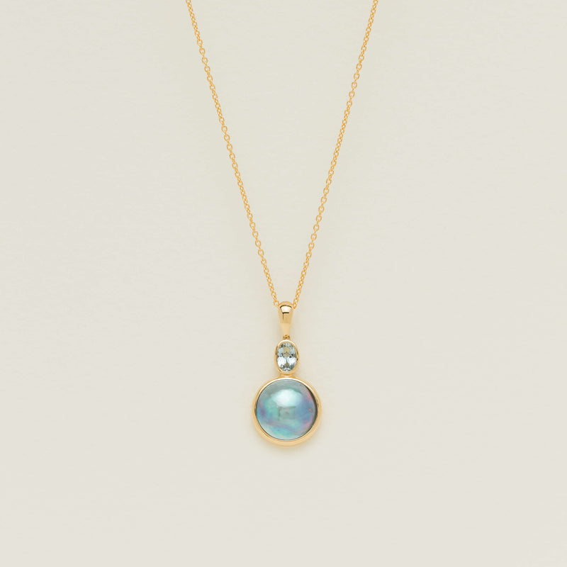 18ct Yellow Gold Paua Pearl & Aquamarine Pendant - Necklace - Walker & Hall
