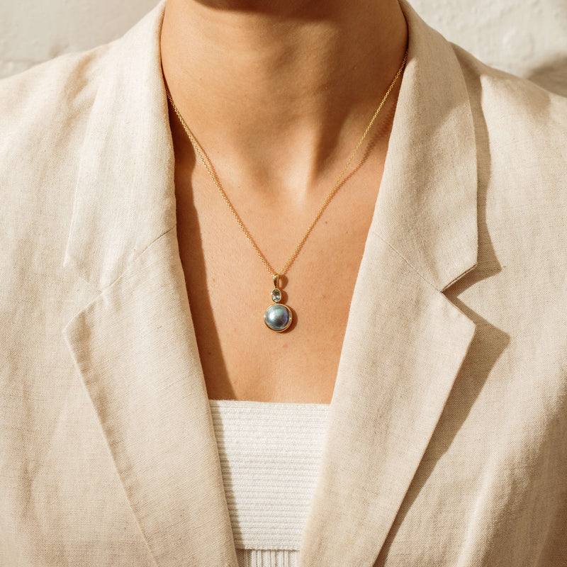 18ct Yellow Gold Paua Pearl & Aquamarine Pendant - Necklace - Walker & Hall