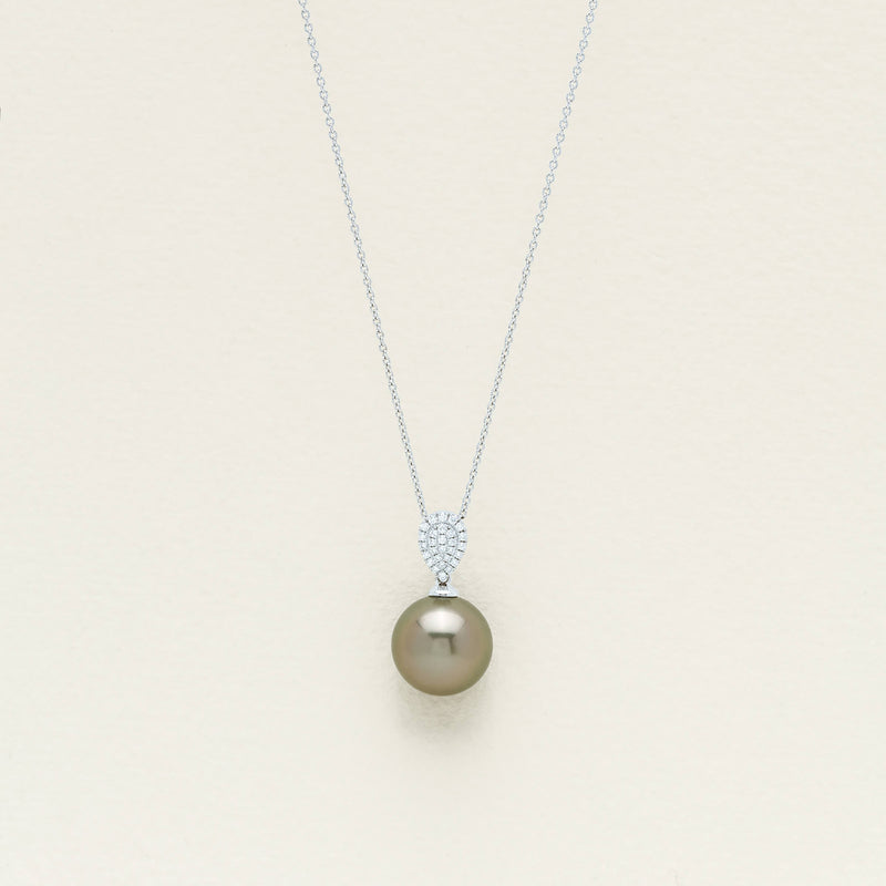 18ct White Gold 13.5mm Tahitian Pearl Diamond Aegean Pendant - Necklace - Walker & Hall