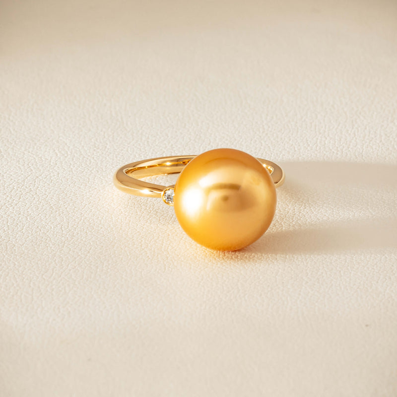 18ct Yellow Gold 12mm Golden South Sea Pearl Diamond Ring - Ring - Walker & Hall
