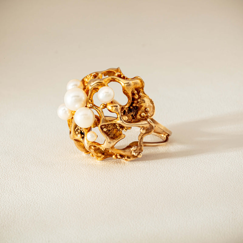 Deja Vu 9ct Yellow Gold Pearl Brutalist Cocktail Ring - Ring - Walker & Hall