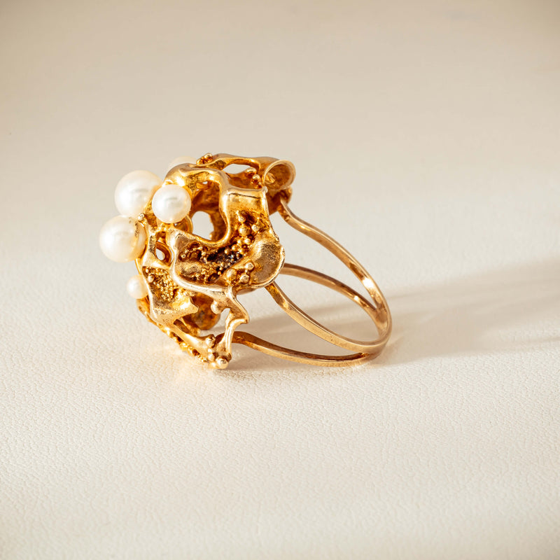 Deja Vu 9ct Yellow Gold Pearl Brutalist Cocktail Ring - Ring - Walker & Hall