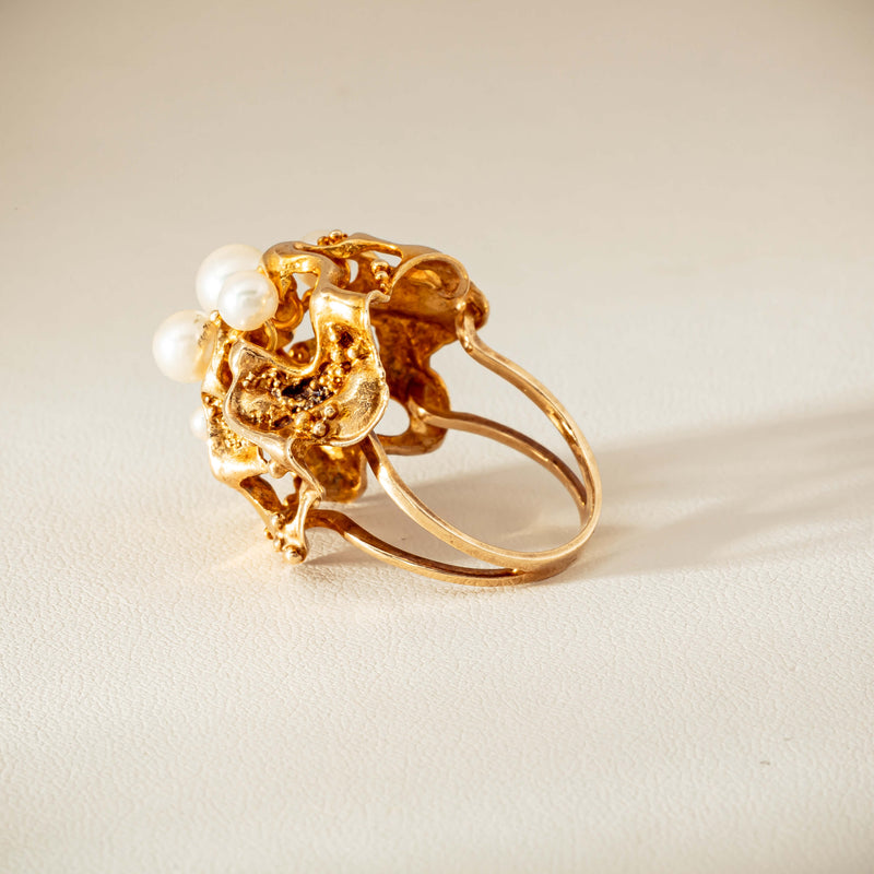 Deja Vu 9ct Yellow Gold Pearl Brutalist Cocktail Ring - Ring - Walker & Hall