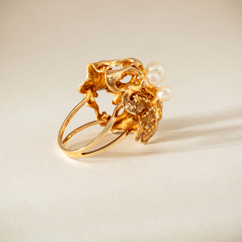 Deja Vu 9ct Yellow Gold Pearl Brutalist Cocktail Ring - Ring - Walker & Hall