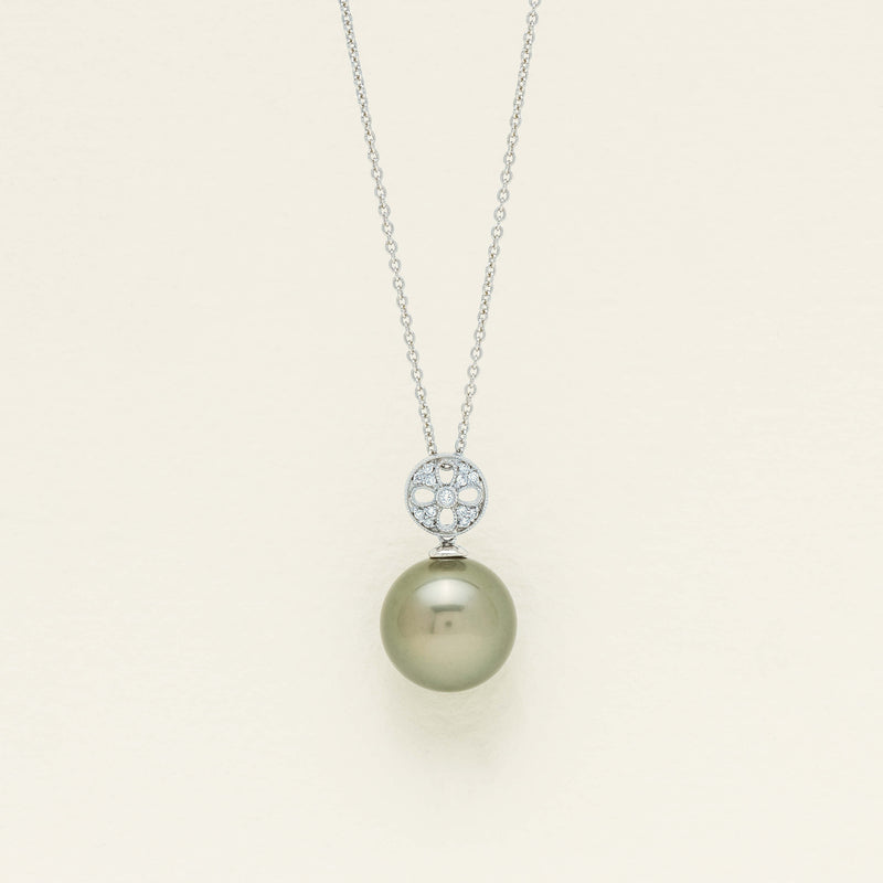 18ct White Gold 13mm Black Pearl Diamond Milgrain Pendant