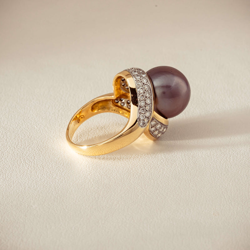 Deja Vu 18ct Yellow Gold 11.8mm Black Pearl & Diamond Ring - Ring - Walker & Hall