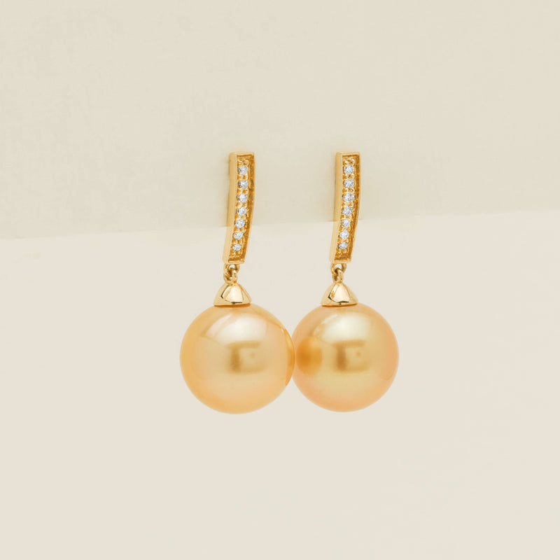 18ct Yellow Gold 11.6mm Golden Pearl Diamond Drop Earrings